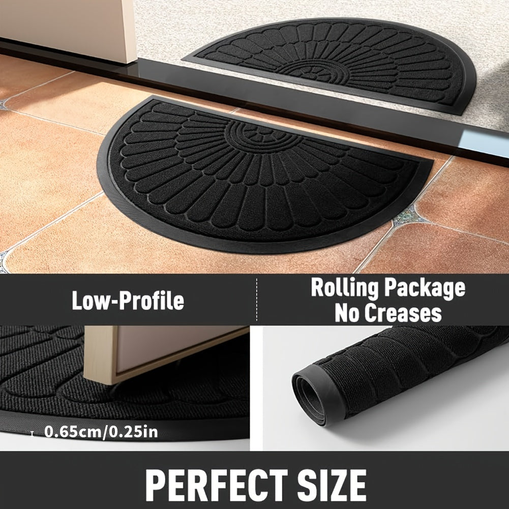 Heavy-duty half-round rubber door mat for outdoor patios and indoor entryways, offers floor protection.