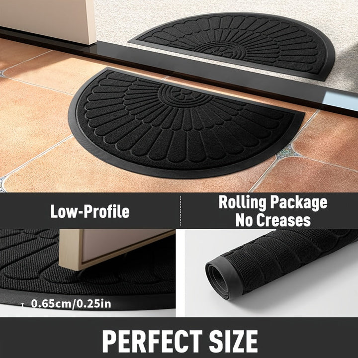 Heavy-duty half-round rubber door mat for outdoor patios and indoor entryways, offers floor protection.
