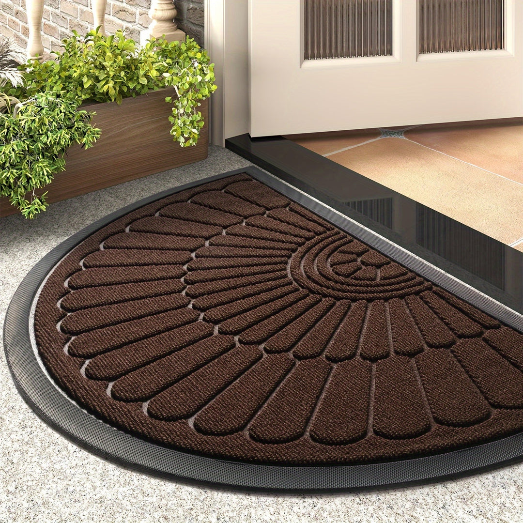 Outdoor half-round rubber door mat for front porches, also great for indoor entryway floor protection.