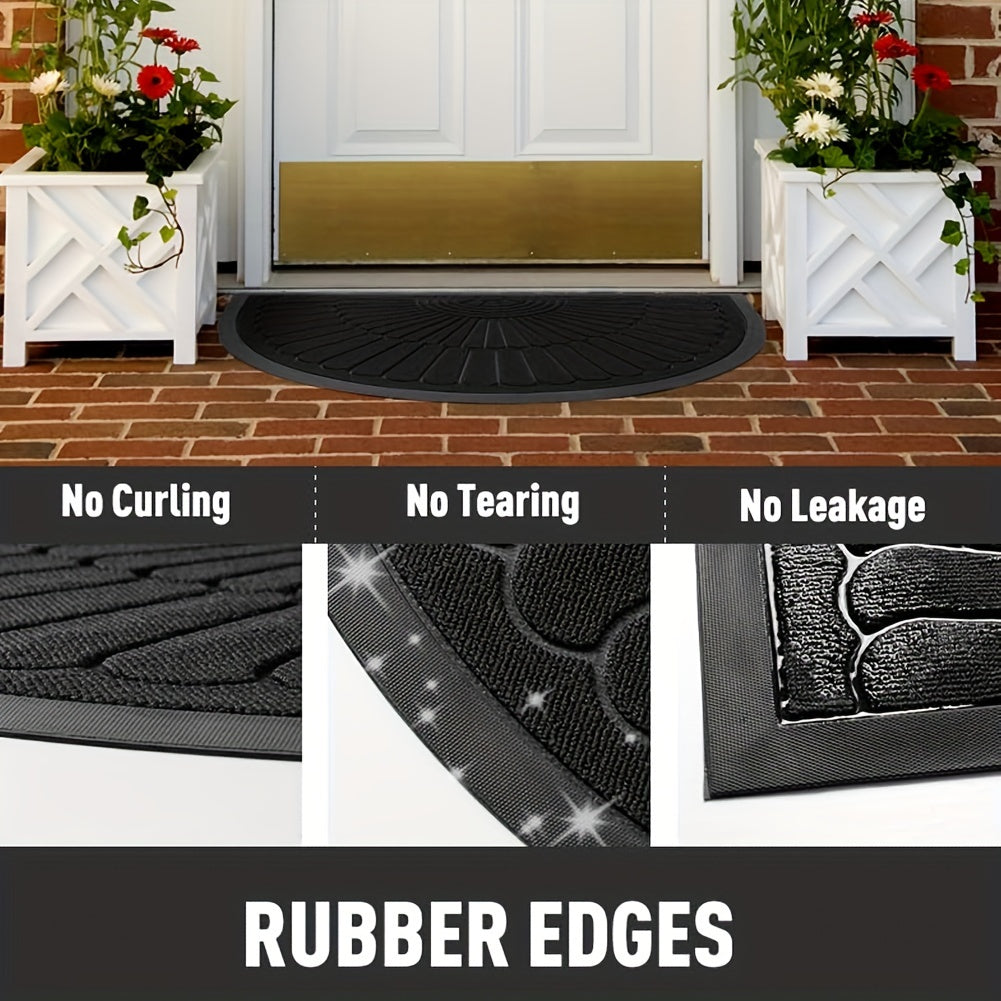 Black half-round rubber mat, non-slip and long-lasting for both indoor and outdoor home entryways.