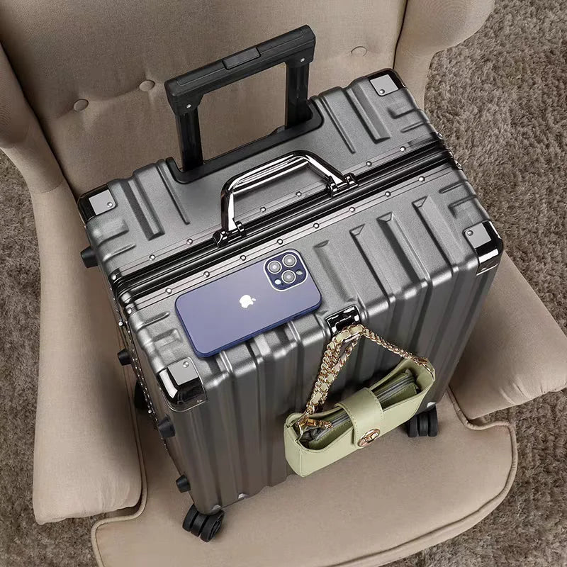 Secure vacation suitcase: durable hard shell, an integrated aluminum frame, and agile spinner wheels.