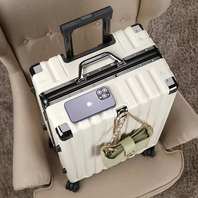 High-performance hard shell travel suitcase, aluminum frame, and smooth spinner wheels for global adventures.