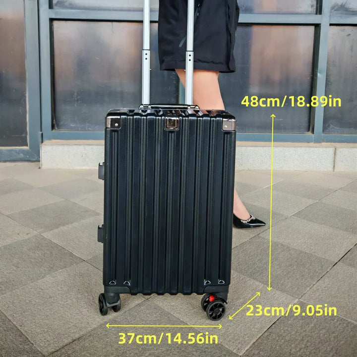 Heavy-duty travel luggage: hard shell, reinforced aluminum frame, and multi-directional spinner wheels.
