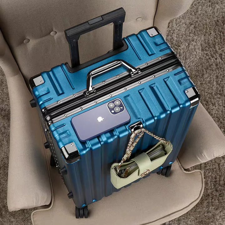 Stylish hard shell suitcase with aluminum frame & ergonomic spinner wheels, perfect for business travel.