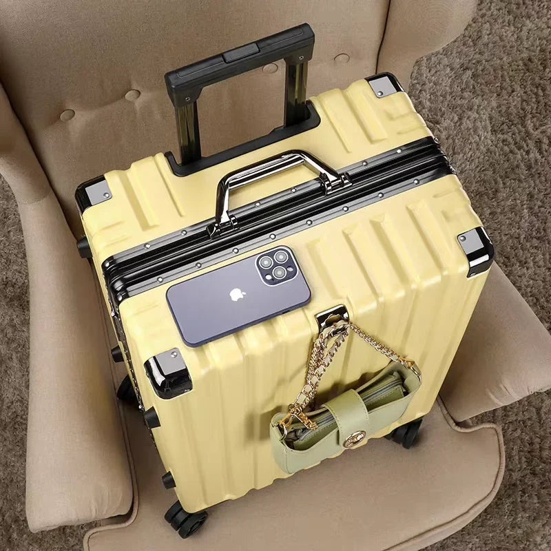 Premium hard shell travel bag featuring aluminum frame & silent spinner wheels for a seamless trip.