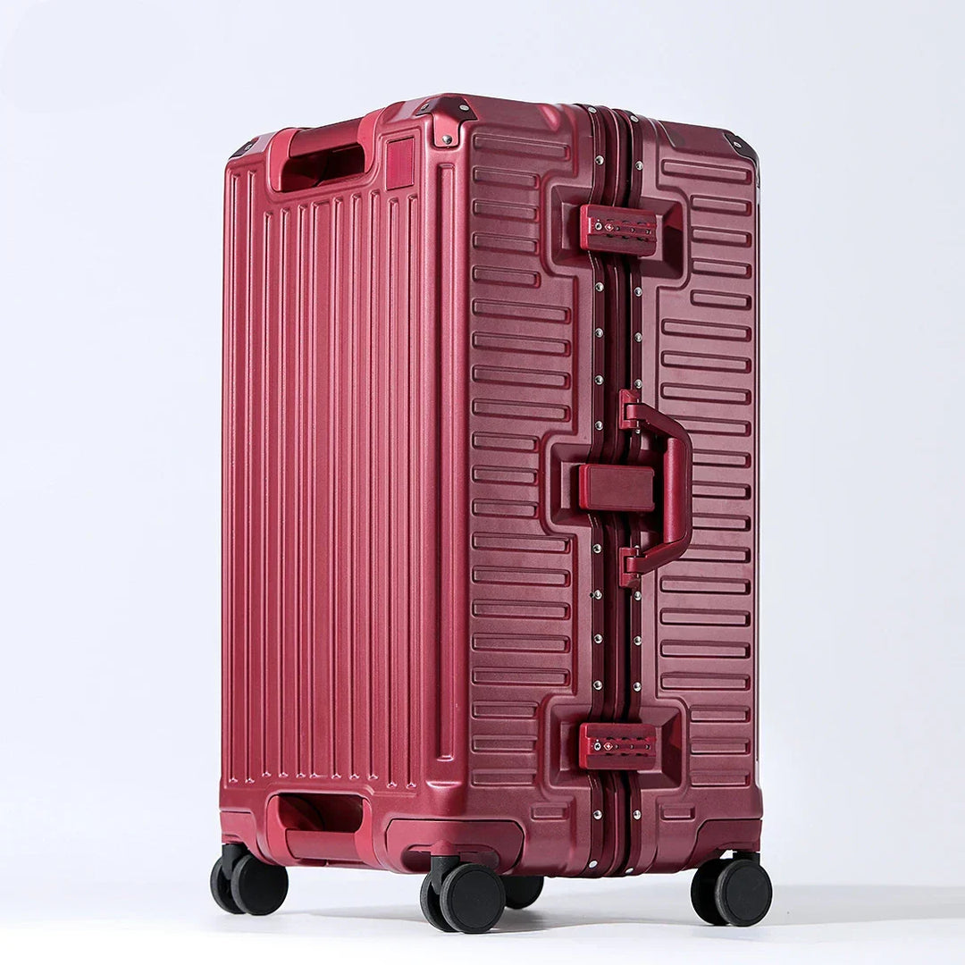 Durable hard shell travel suitcase with wide grip handle & smooth spinner wheels for easy navigation.