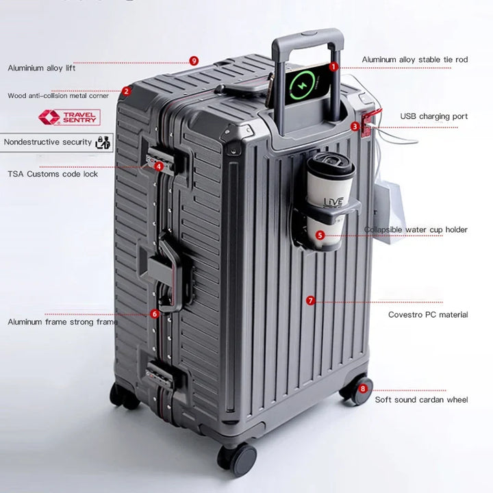 Stylish hard shell suitcase, wide handle, spinner wheels; ideal for stress-free vacation & organized travel.