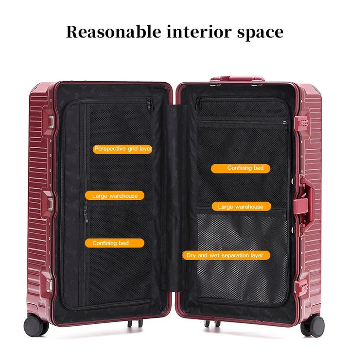 Spacious hard shell travel suitcase featuring a wide grip handle, durable design & multi-directional spinner wheels.