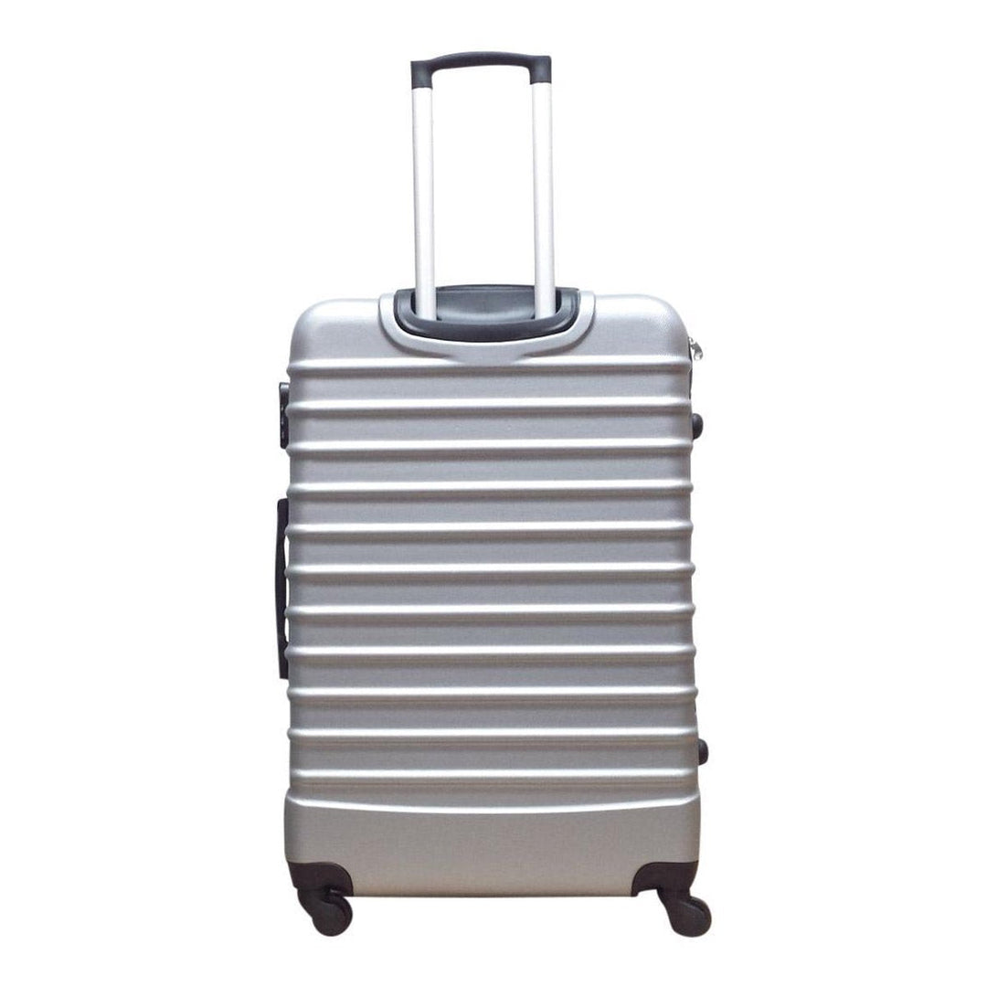 Large checked hardshell spinner suitcase for extended vacations.
