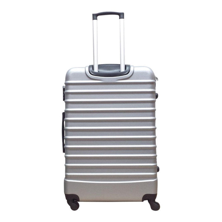 Large checked hardshell spinner suitcase for extended vacations.