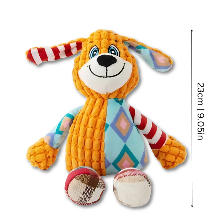 Soft, animal-shaped plush pet toy with squeaker. Durable for puppies & active dogs.