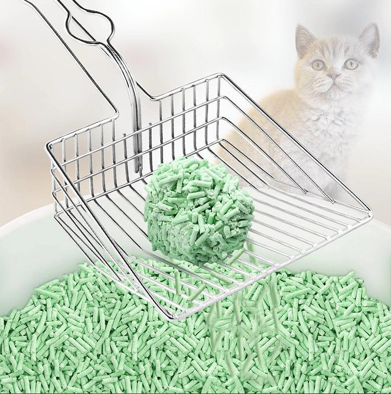 Durable stainless steel cat litter scoop for easy, hygienic litter box cleaning.