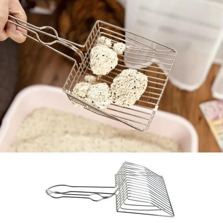 Ergonomic stainless steel cat litter scoop, durable for efficient daily litter box hygiene.