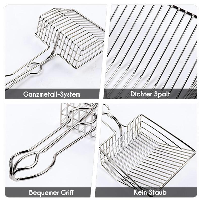 Heavy-duty stainless steel cat litter scoop, perfect for quick and clean pet waste removal.
