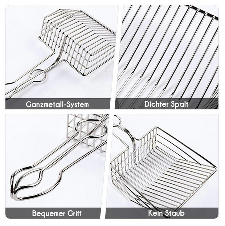 Heavy-duty stainless steel cat litter scoop, perfect for quick and clean pet waste removal.