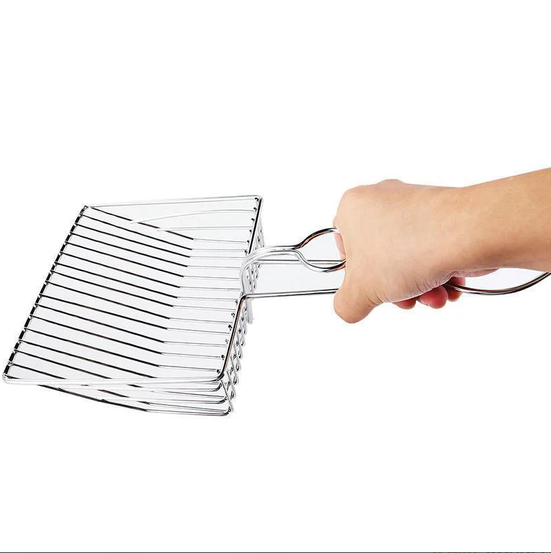 Efficient stainless steel cat litter scoop with comfortable handle for hygienic litter box maintenance.