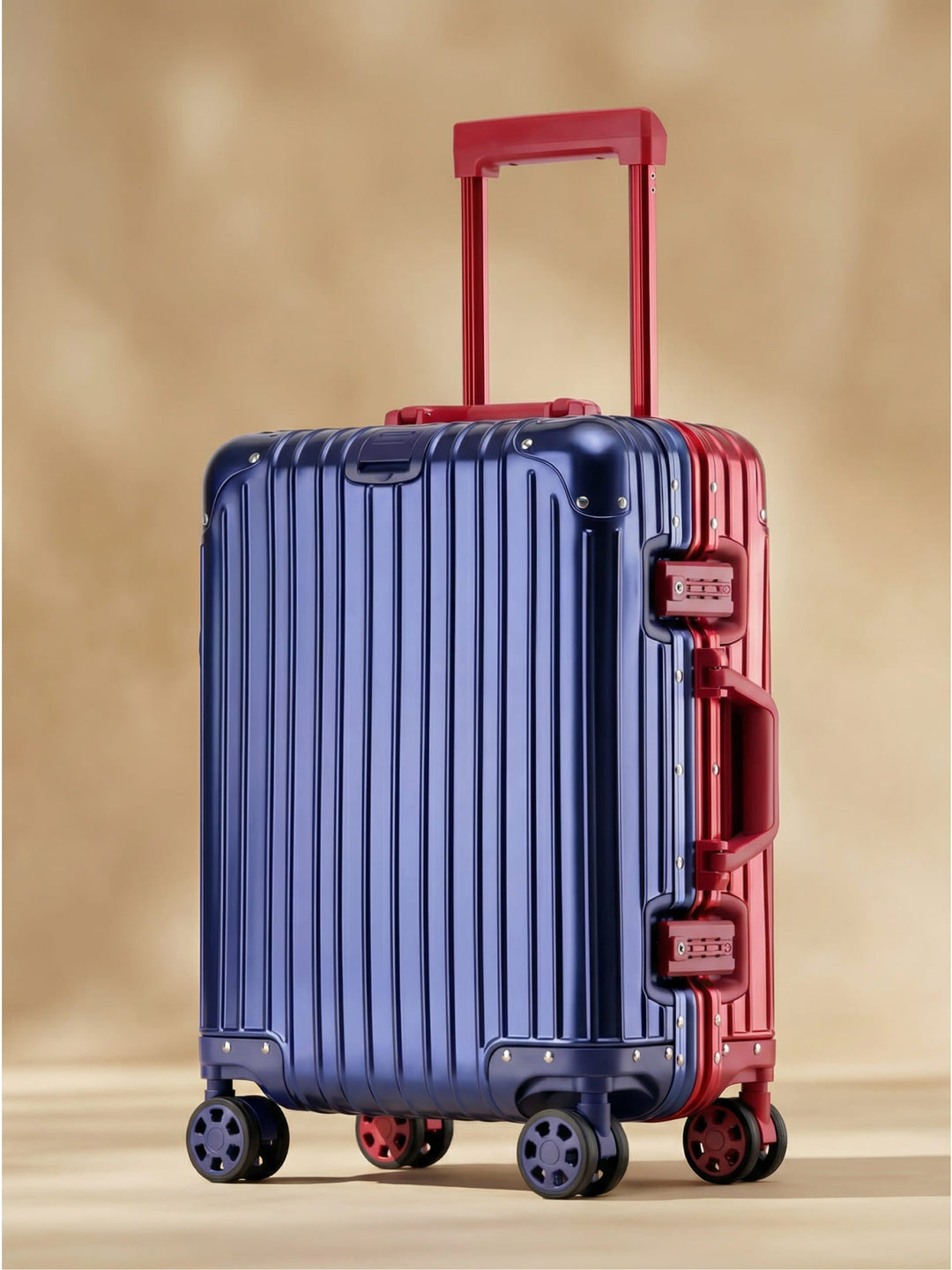 Durable unisex aluminum-magnesium hard shell travel suitcase, premium finish & secure TSA lock closure. Luggage.