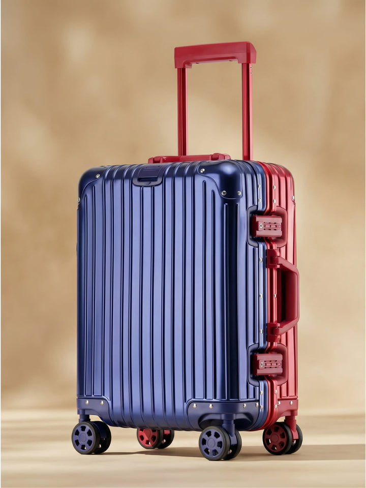 Durable unisex aluminum-magnesium hard shell travel suitcase, premium finish & secure TSA lock closure. Luggage.