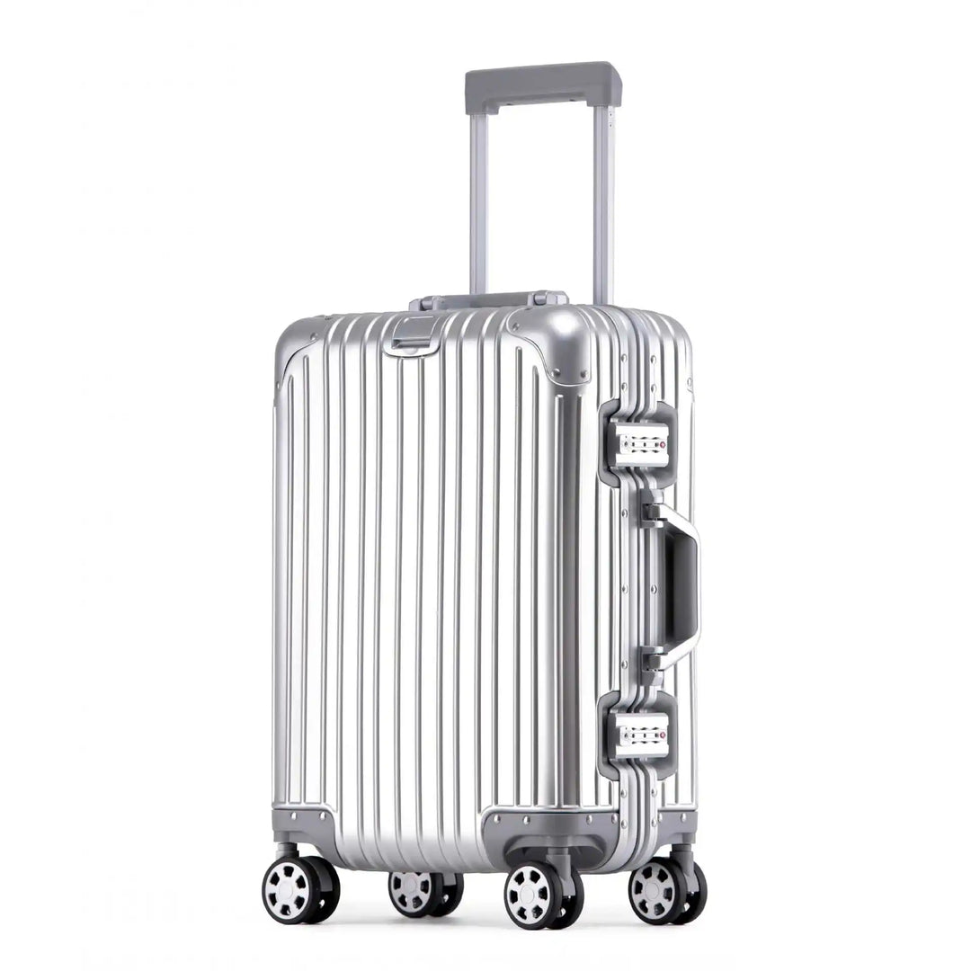 High-end unisex aluminum-magnesium hard shell travel suitcase. Spinner wheels, TSA lock, durable & premium luggage.