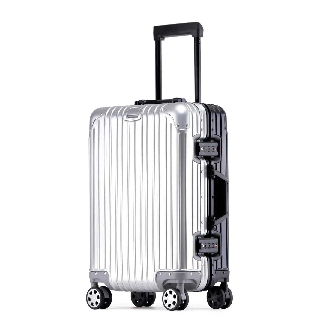 Sleek side profile of a durable aluminum-magnesium hard shell carry-on suitcase. Premium unisex travel gear.