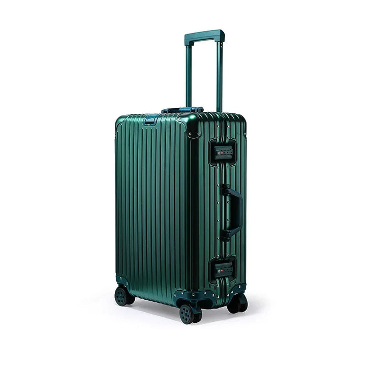 Stylish unisex aluminum-magnesium hard shell travel suitcase; durable, lightweight, with spinner wheels & TSA lock.