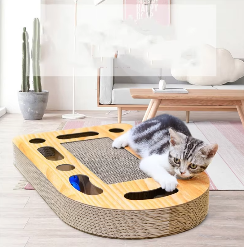 Durable wood cat scratching board with corrugated cardboard surface & interactive feather toy. Protects furniture.