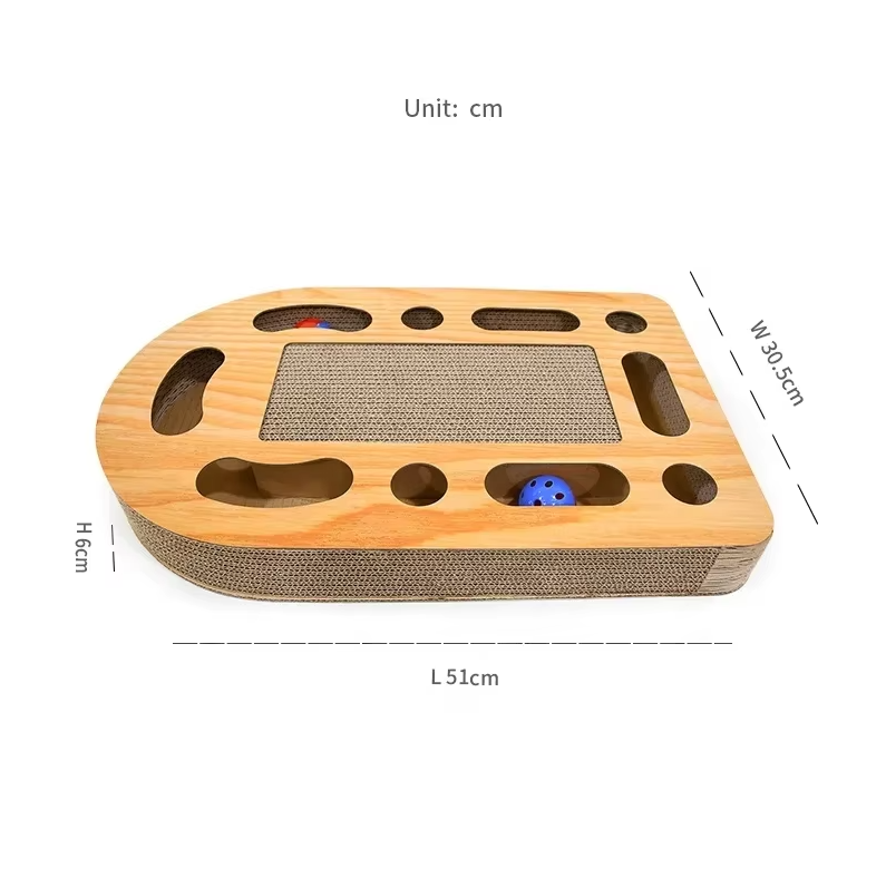 Interactive cat scratching board with a dangling feather toy to entice play, made from wood & corrugated cardboard.