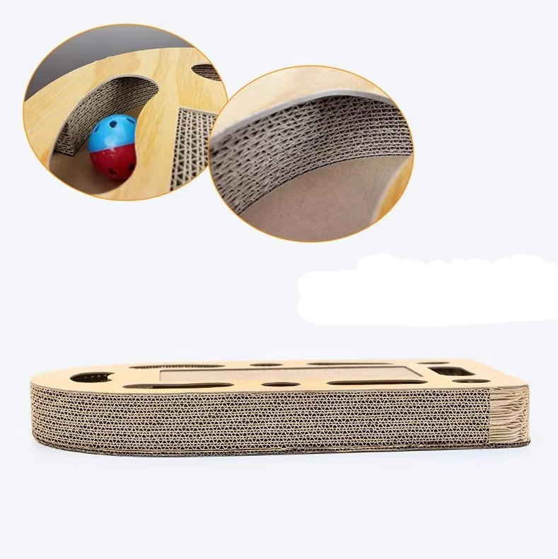Feline-friendly cat scratching board with wood base & replaceable cardboard, protects furniture from claw damage. Interactive toy.