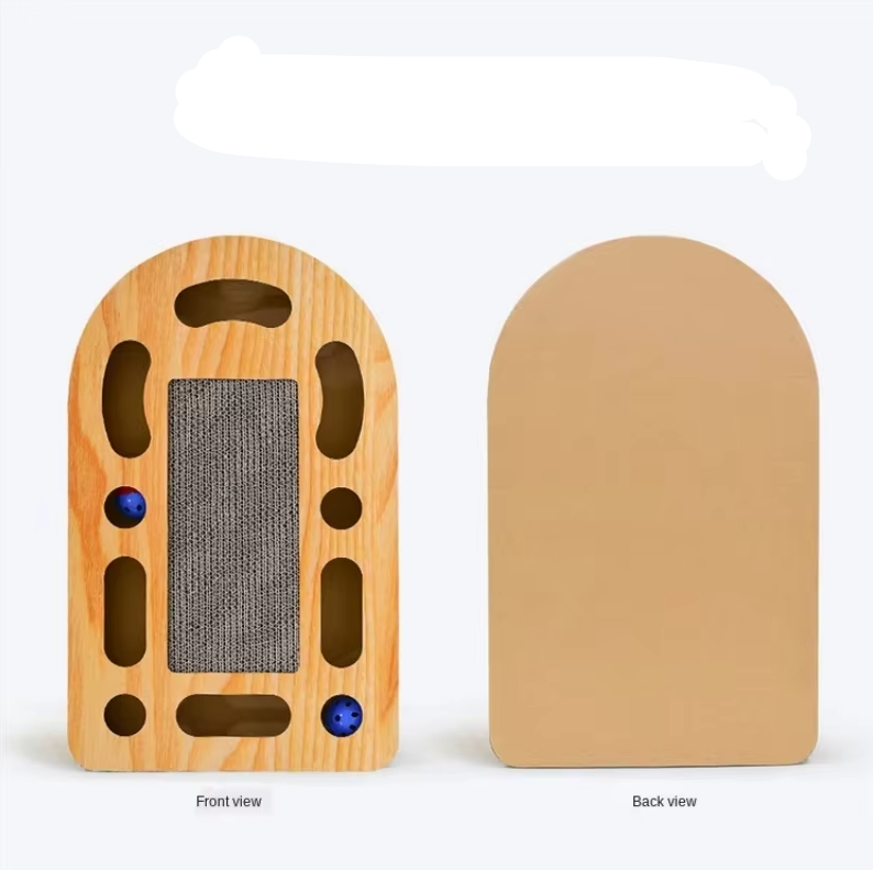 Close-up of corrugated cardboard scratching surface on a durable wood cat scratcher with an interactive feline toy.