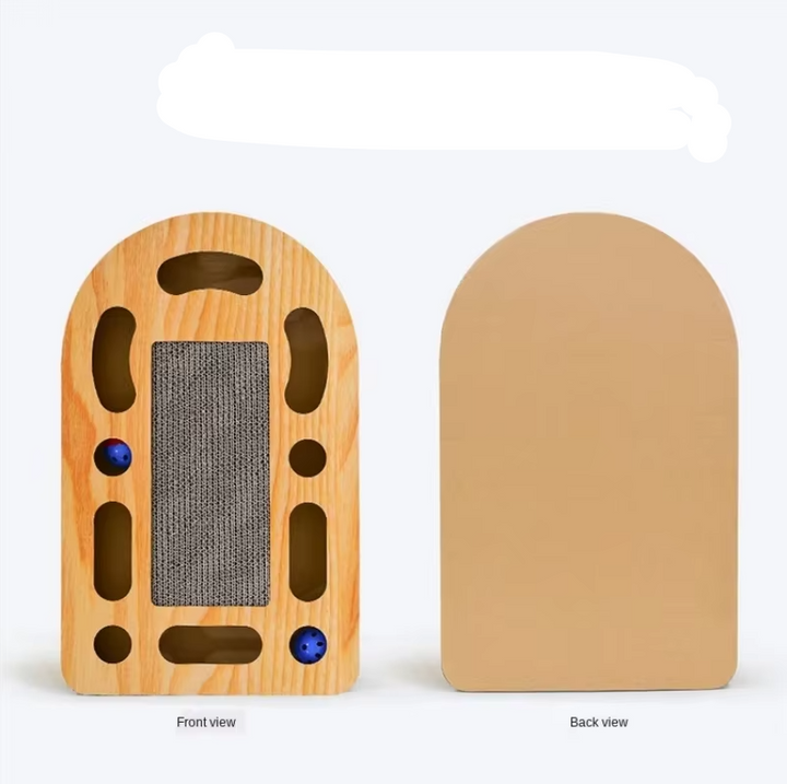 Close-up of corrugated cardboard scratching surface on a durable wood cat scratcher with an interactive feline toy.