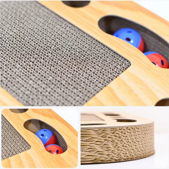Cat enjoying a durable wood & corrugated cardboard scratching board, engaged by the interactive feather toy. Pet supplies.