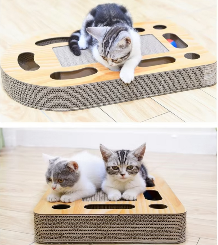 Premium cat toy & scratcher: durable wood scratching board with corrugated cardboard and an interactive playful element.