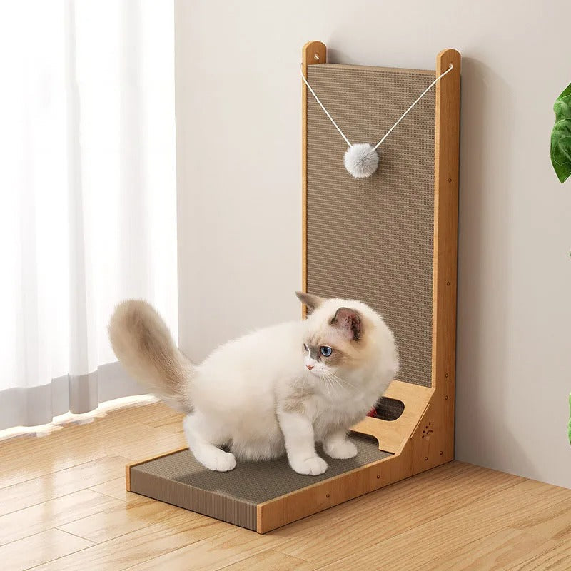Durable wood-edged cat scratcher stand with replaceable cardboard, perfect for claw care & furniture protection.