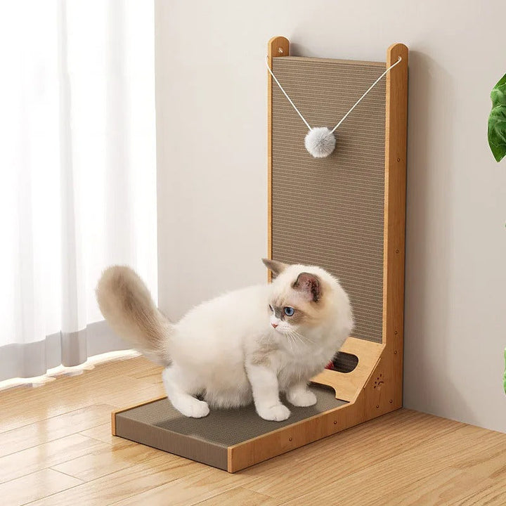 Durable wood-edged cat scratcher stand with replaceable cardboard, perfect for claw care & furniture protection.