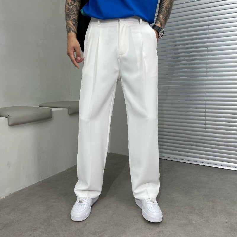 Rear view: men's versatile wide-leg dress trousers, showcasing belt loops & sleek design for work attire.