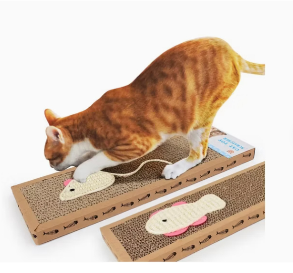 Eco-friendly cat scratching mat with durable cardboard and fun fish toy. Protects furniture. Essential pet supplies.