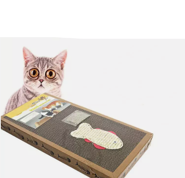 Durable, eco-friendly cat scratching mat made from recycled cardboard. Includes an interactive fish toy for cats.