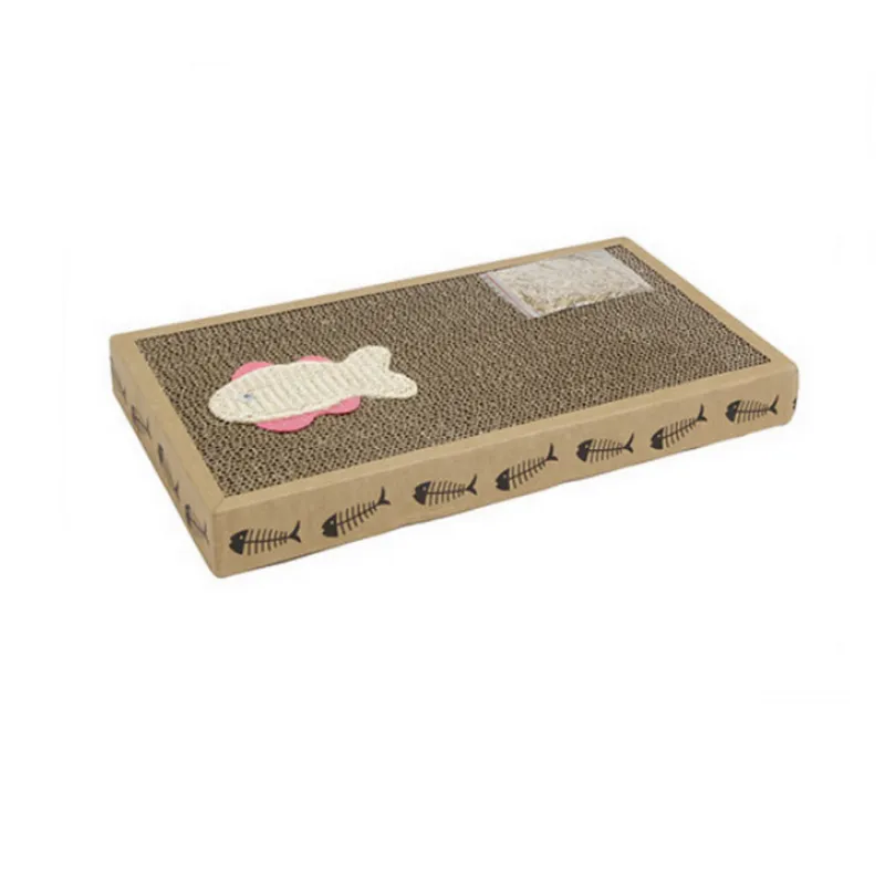 Cat scratching mat protects furniture from damage. Durable cardboard scratcher with an attached fish toy. Essential pet accessory.
