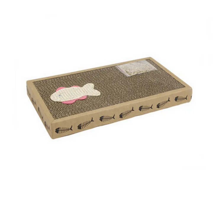 Cat scratching mat protects furniture from damage. Durable cardboard scratcher with an attached fish toy. Essential pet accessory.