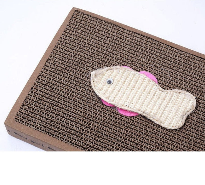 Fun cat scratching mat with an interactive fish toy, made from durable, eco-friendly cardboard. A vital cat accessory.