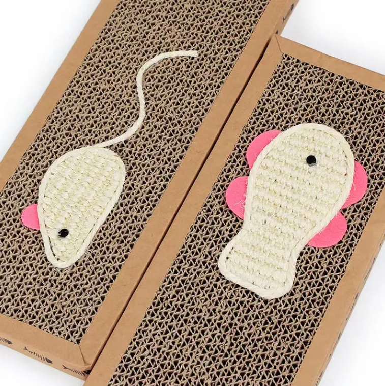 Happy cat playing with a durable, eco-friendly scratching mat and fish toy. Best cat accessory & furniture protector.
