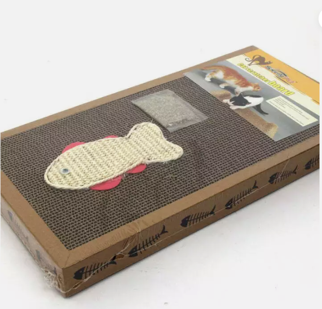 Premium eco-friendly cat scratching mat and fish toy. Durable cardboard scratcher for happy cats and furniture protection.