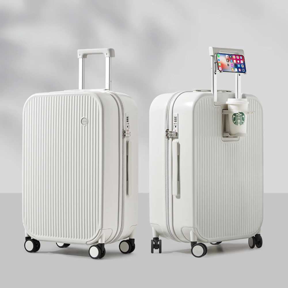 Spacious hard-shell spinner suitcase offering ample storage capacity for long or short travel trips. Durable luggage.