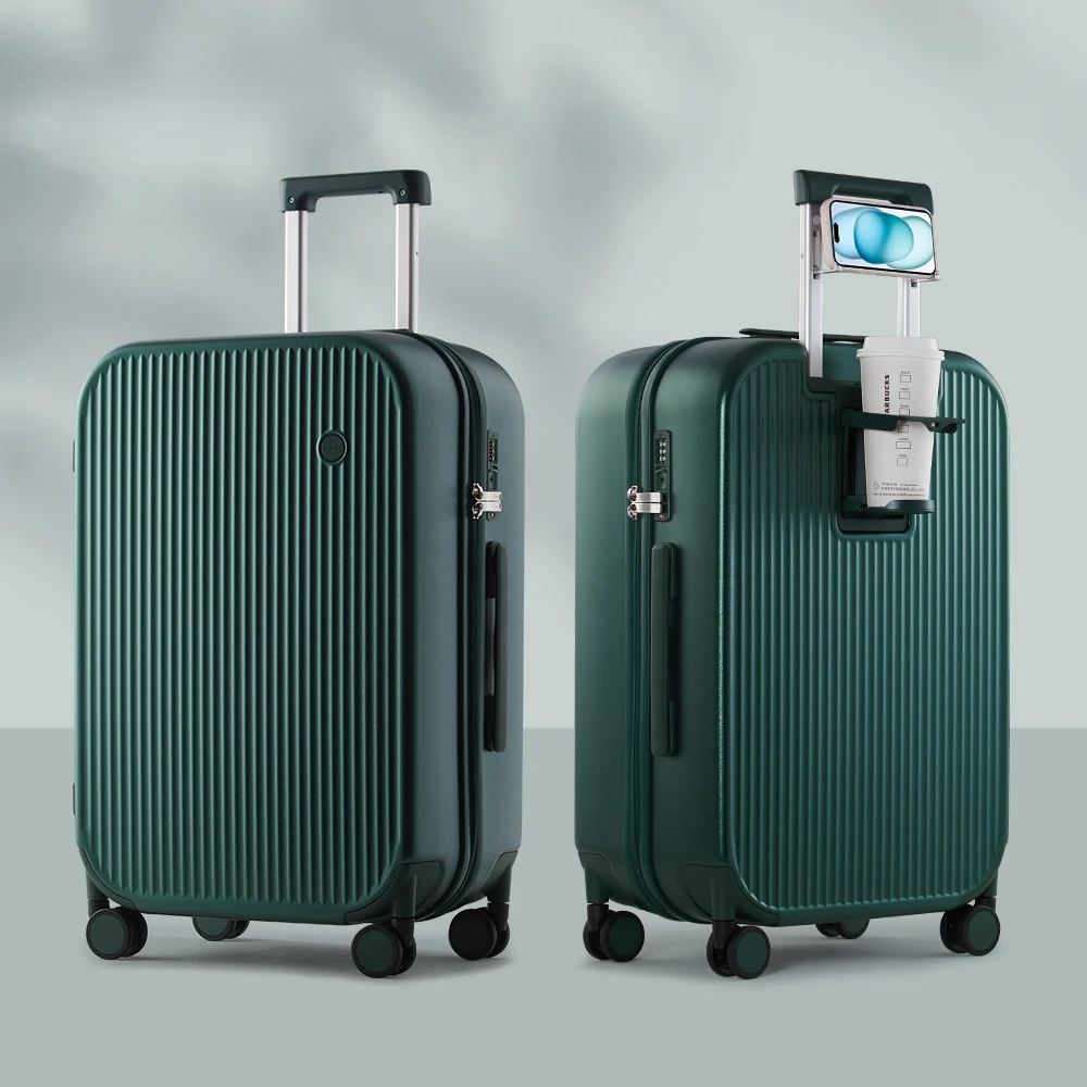 Durable, lightweight hard-shell spinner suitcase with organized storage, cupholder & smooth wheels for ultimate travel.