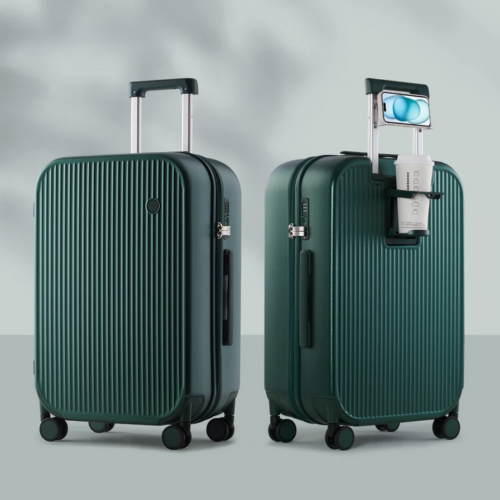 Durable, lightweight hard-shell spinner suitcase with organized storage, cupholder & smooth wheels for ultimate travel.