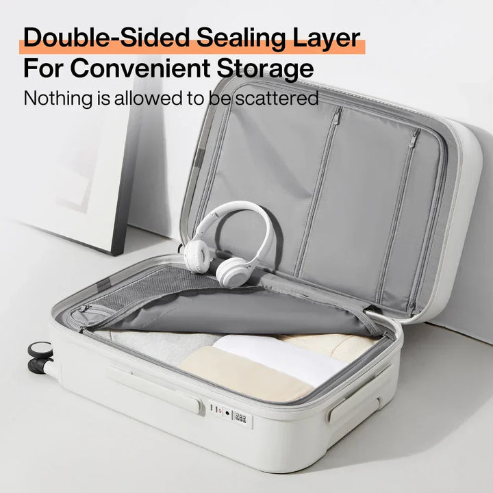 Innovative hard-shell spinner suitcase featuring a built-in cupholder for convenient, hands-free travel.