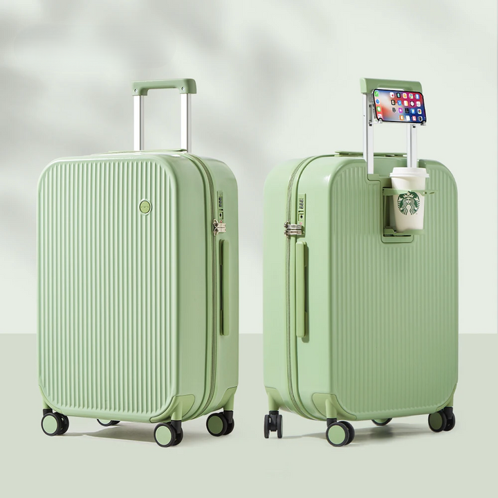 Sleek, modern hard-shell spinner suitcase with smooth rolling 360° wheels for stylish, effortless travel.