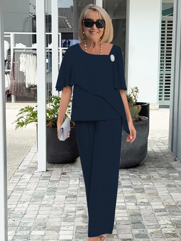 Effortless asymmetric top and wide-leg pant set, women's lounge wear designed for casual spring and summer.