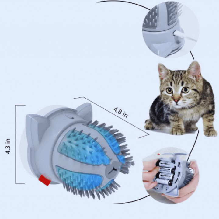 Electric cat self-massage brush with catnip for grooming & relaxation. Perfect feline self-care accessory.