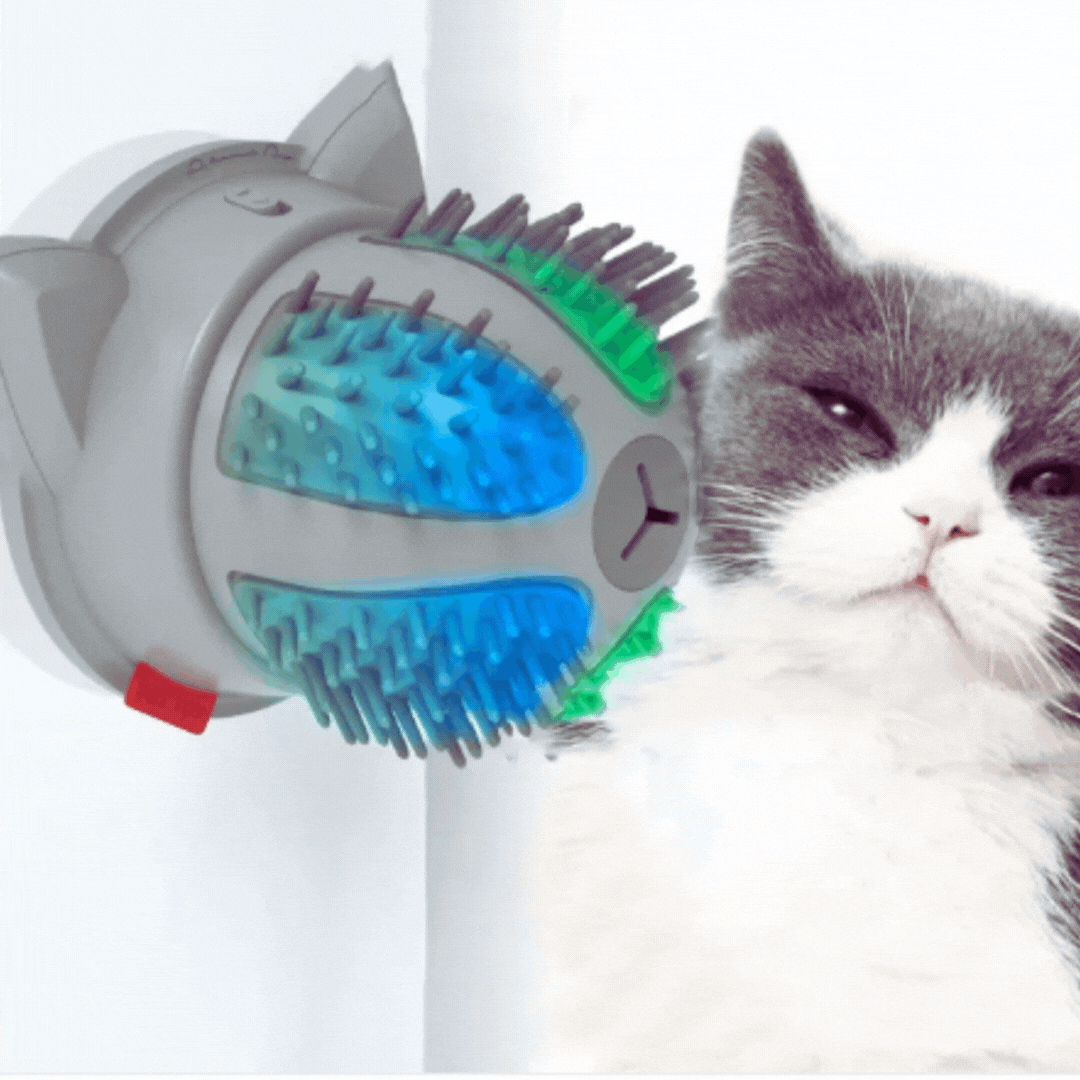 Feline wellness electric self-groomer with dual power. Catnip toy attachment for happy & healthy cats.
